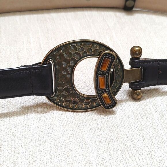 Dark Brown Leather Hammered Brass Toggle Buckle Adjustable Belt Size M/L - Picture 2 of 9